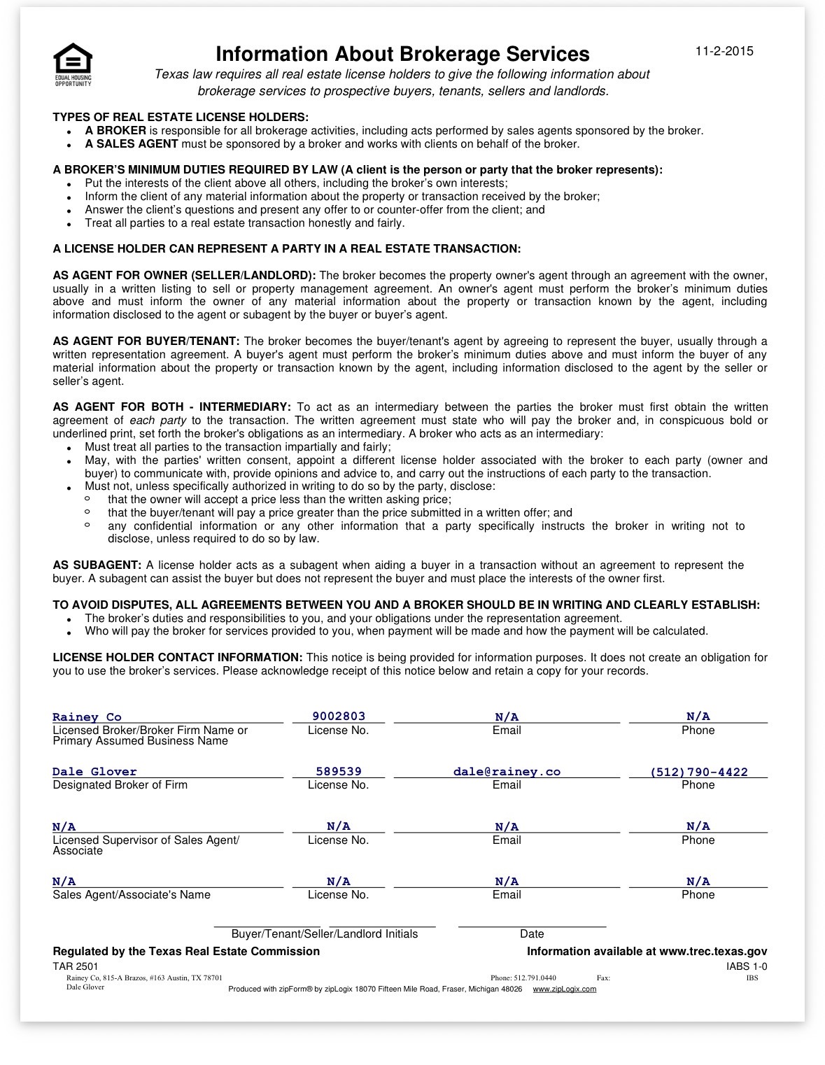 Texas Real Estate Commission Information About Brokerage Services notice for Rainey.Co, license 9002803, designated broker Dale Glover, license 589539
