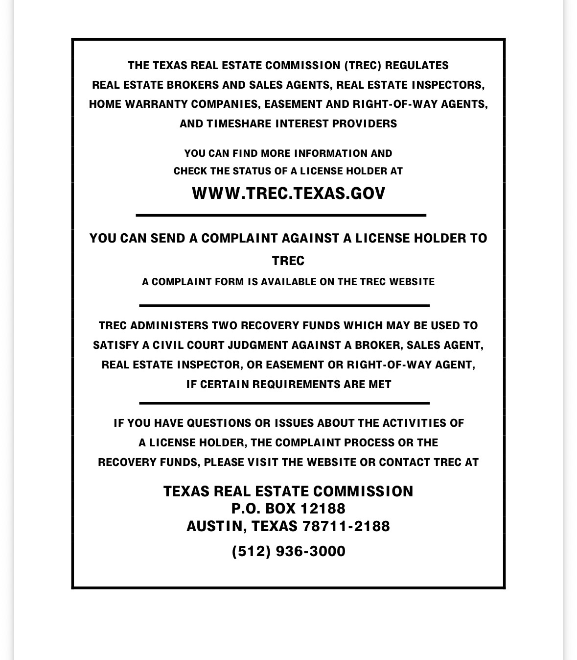Texas Real Estate Commission Consumer Protection Notice